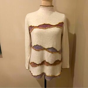 M&K Sculpted Cashmere/mohair  Hi-Neck Sweater, ecru w\ Multicolor Accents, M
